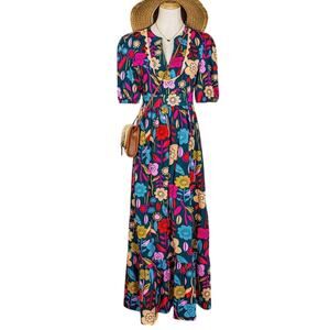 NWT Floral Cotton Maxi Dress V-Neck Shirred Waist Small